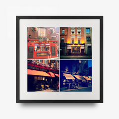 A custom square framed grid of four photos arranged inside a black square frame. 