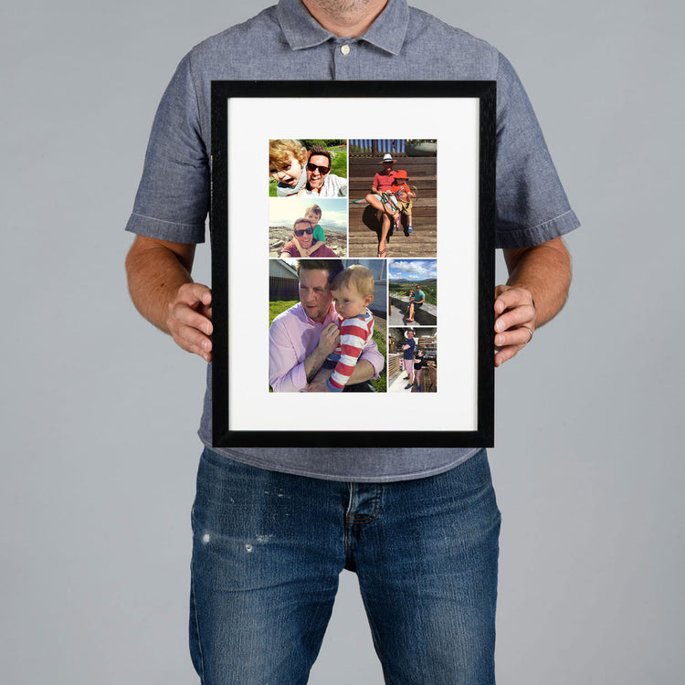 A man holds up a framed custom photo collage print against a solid gray background. The print is 20x30cm and the frame is 30x40cm. 