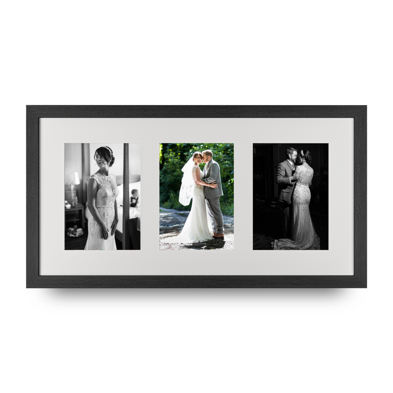 A triple aperture multi photo framed print featuring three wedding photos of a bride and groom on their wedding day. 